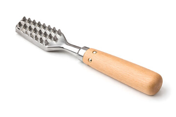 Obraz premium Stainless Steel Fish Scaler with Wooden Handle, Seafood Cleaning Tool for Kitchen Preparation Isolated on White Background