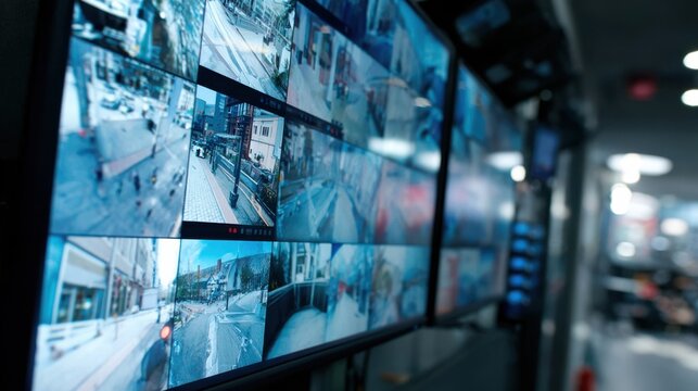 Medium shot of surveillance wall array in campus security room central monitor showing access control live feed in sharp detail with surrounding screens blurred.