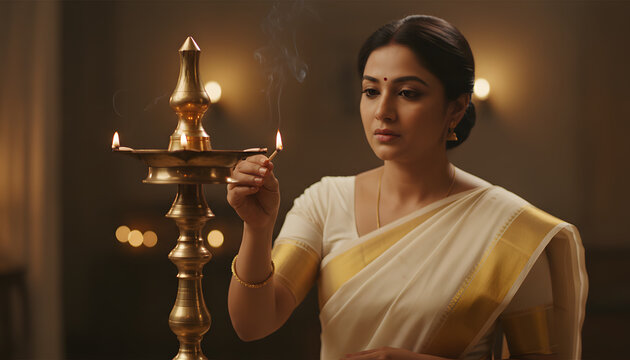 Woman lighting a traditional brass oil lamp