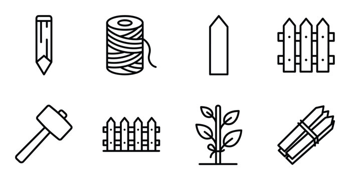 Garden fencing and boundary line icons set featuring wooden stakes mallet and plants in line style
