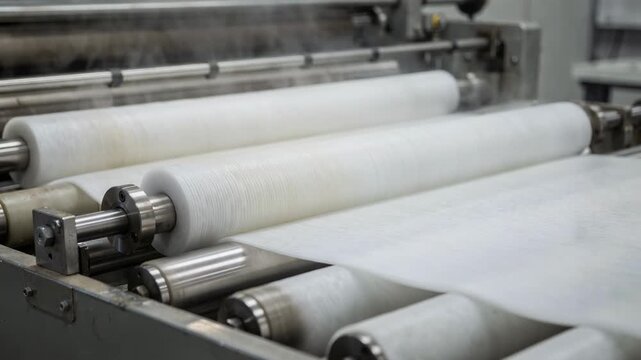 Medium shot of thin gauge polystyrene foam sheets smoothly extruding and rolling through a cooling conveyor in an industrial production setting.