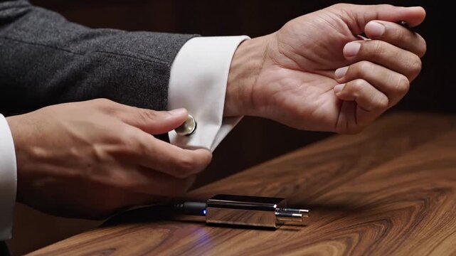 Businessman putting on cufflinks at desk.