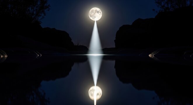 A full moon shines its bright beam down onto a dark water surface creating a captivating reflection at night