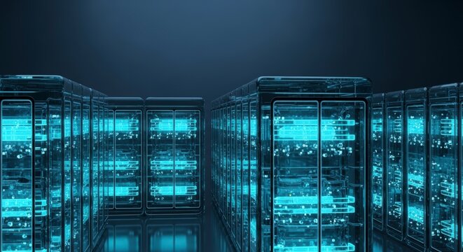 Rows of illuminated server computer racks.