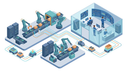 Fototapeta premium Isometric Smart Factory Industry 4.0 Automation with AI Control Room, Robotic Assembly Line and AGV Logistics