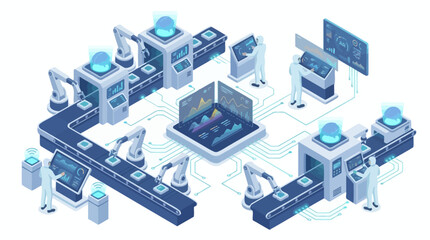 Fototapeta premium Isometric Smart Factory Industry 4.0 Automation with AI Data Analytics, Robotic Arms and Digital Manufacturing Workflow