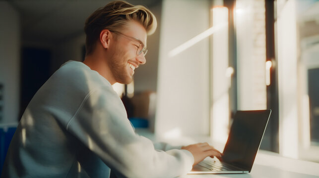 Digital Embrace: A person sits by a window, the gentle light illuminating their face as they engage with a laptop, exuding contentment and focus in the digital age.