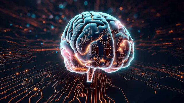 Futuristic glowing digital brain with circuit and neural circuitry glowing, technology energy