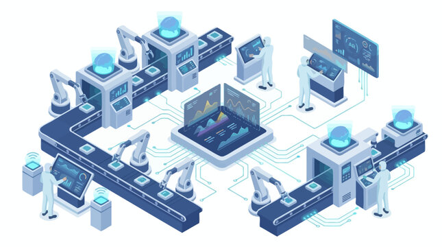 Isometric Smart Factory Industry 4.0 Automation with AI Data Analytics, Robotic Arms and Digital Manufacturing Workflow