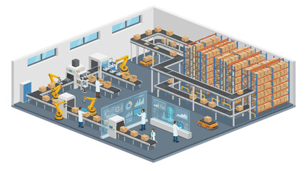 Obraz premium Isometric Smart Factory Automation with Robotic Arms Conveyor Belt Warehouse Management and Digital Monitoring System