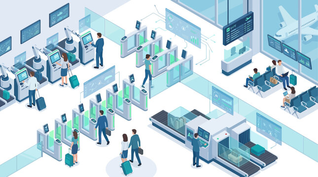 Isometric Smart Airport Terminal with Biometric Check-In, Self-Service Kiosks, AI Baggage Screening and Business Travelers Using Contactless Technology
