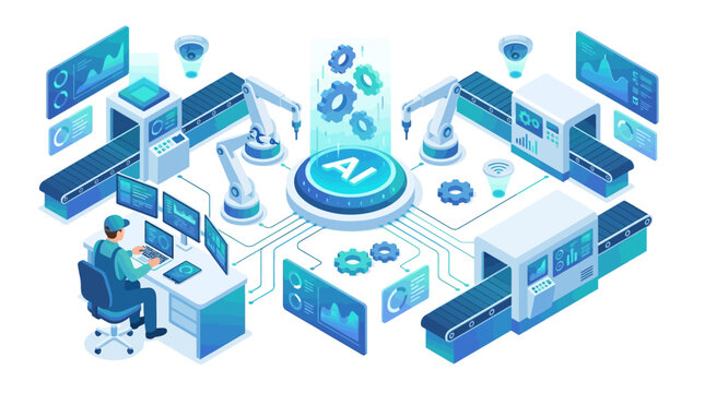 Isometric Smart Factory with AI Automation, Robotics and Engineer Monitoring Industrial IoT Production Line in Modern Manufacturing Plant
