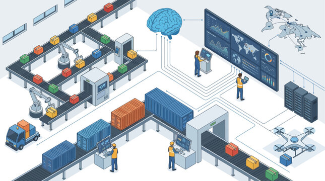 Isometric Smart Factory with AI Brain Control, Automated Robotics, and Global Supply Chain Data Visualization for Industry 4.0 Technology
