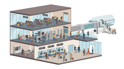 Fototapeta premium Isometric Airport Terminal Cross-Section with Passengers, Security Check-in, Waiting Lounge, and Airplane Boarding Gate