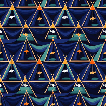 Seamless geometric pattern of stylized tents with fish mobiles, children's theme, playful and colorful design