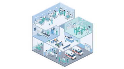Obraz premium Isometric Hospital Building Interior with Doctors Nurses Patients Surgery Emergency Room Medical Clinic Healthcare Facility 3D Cutaway Illustration