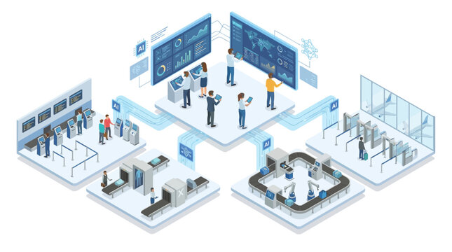 Isometric Smart Airport Terminal with AI Technology, Biometric Security Check, Automated Baggage Handling, and Digital Flight Information Display System