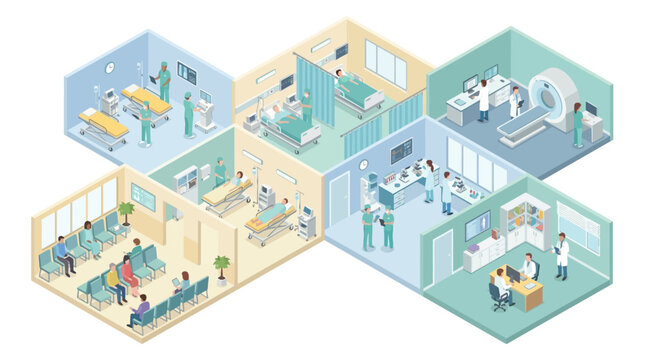 Isometric Hospital Interior with Medical Staff and Patients - Healthcare Clinic Rooms, Emergency Department, MRI Scanner, Doctor Office Vector Illustration