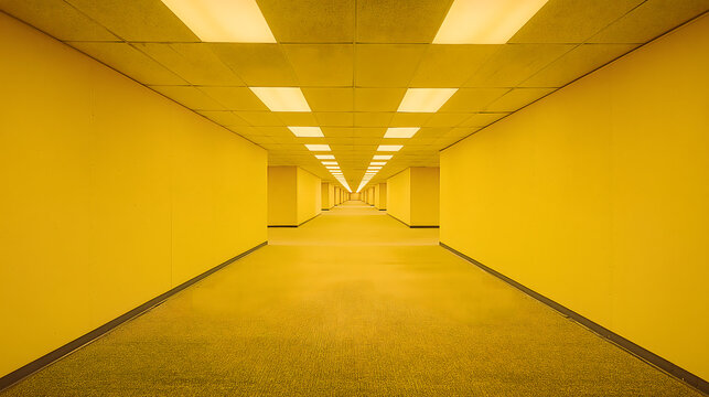 Endless Yellow Corridor: A seemingly infinite yellow corridor, bathed in uniform, inviting exploration and introspection.
