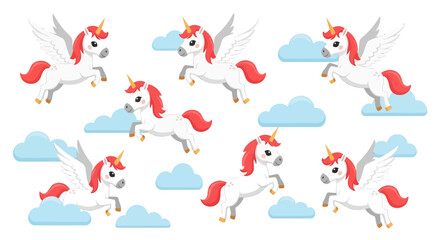 Fototapeta premium Cute Flying Unicorns Vector Illustration Set in Cartoon Style, Magical Fantasy Animals for Children's Fairytale Designs and Kids' Projects.