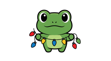 Fototapeta premium Cute Green Frog Holding Christmas Lights Vector Illustration - Festive Cartoon Style Graphic for Holiday Greeting Cards & Seasonal Decor