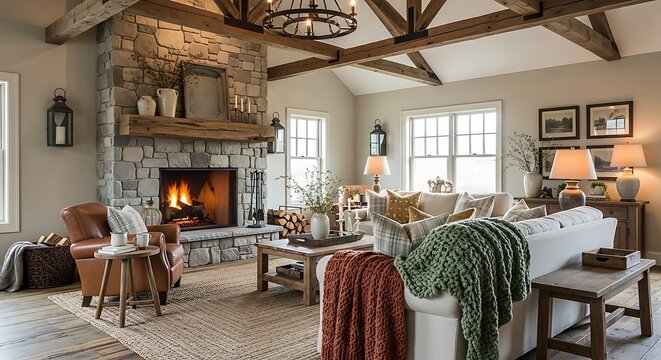 A cozy living room with a stone fireplace and a warm atmosphere
