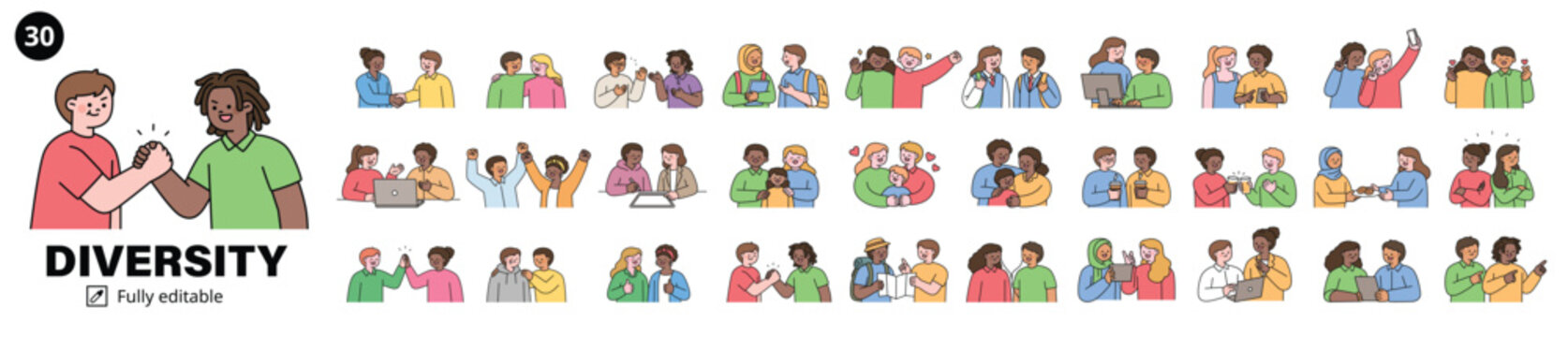 A mega set of scenes showing people of various races getting along and being friendly with one another. Cute character with a round face. Upper body illustration.