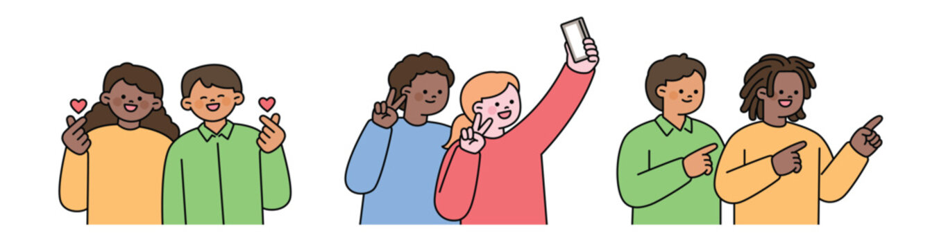 International couples of various races. Cute character with a round face. Upper body illustration.