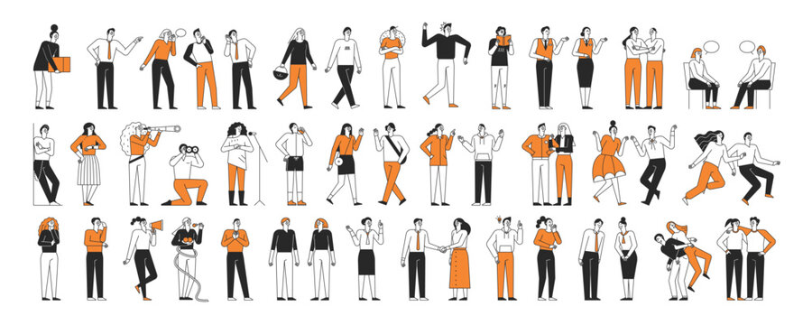 A collection of various movements of a simple style human character. Outline character vector illustration. mega bundle set 001.