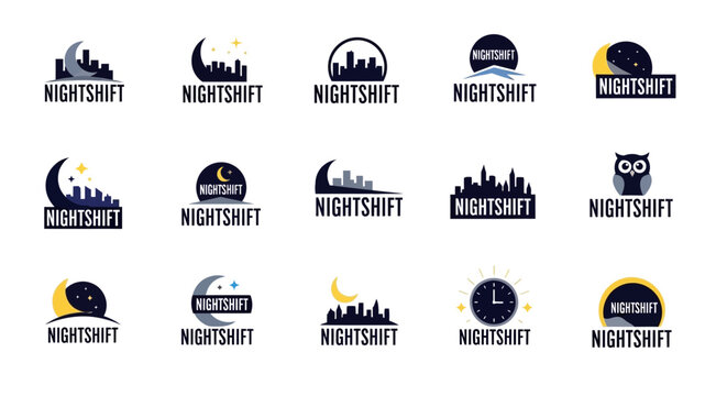 Collection of Night Shift Logos Featuring Cityscapes and Night Elements.