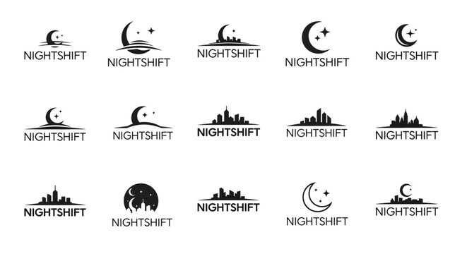 Collection of Night Shift Logos Featuring Moon and Cityscapes.