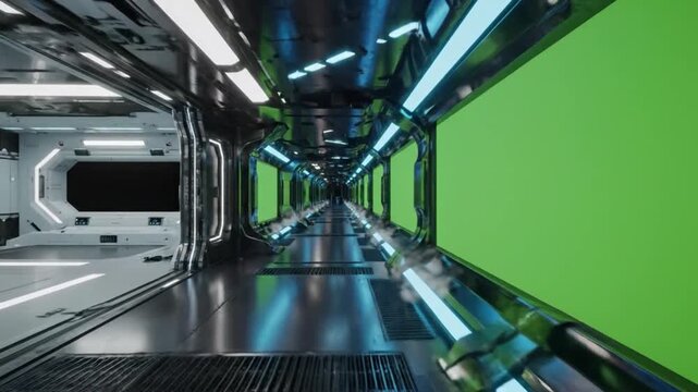 A video showcasing a futuristic green screen studio with sleek metallic interior and advanced lighting system