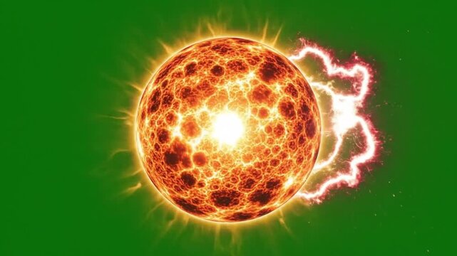 A video showcasing a vibrant and dynamic visual representation of the sun in a green video background.