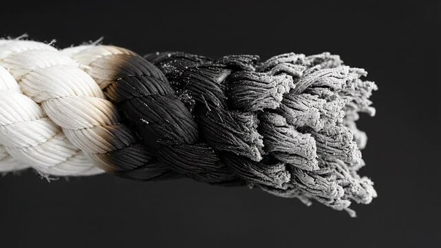 Thick braided rope section showing transition from clean white to burnt black and frayed ends, industrial or material concept