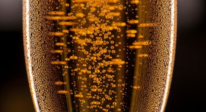 Close-up of fizzy beer glass.