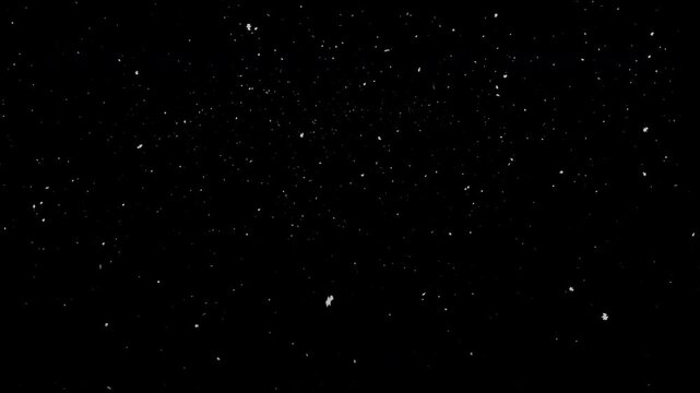 Snow falling on black background winter weather atmosphere cinematic editing video overlay effect suitable for winter scenes and graphic design.