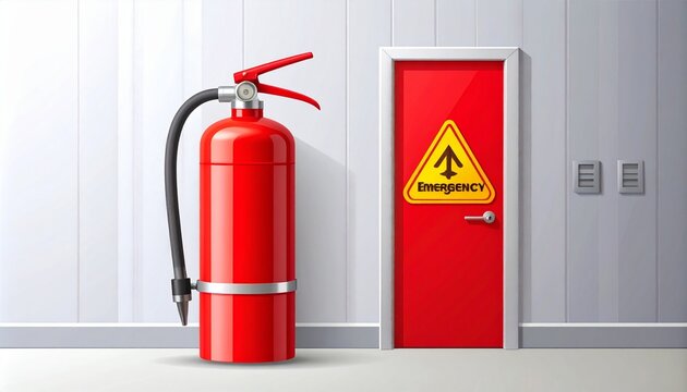 3D red fire extinguisher and emergency exit sign on white wall for safety awareness