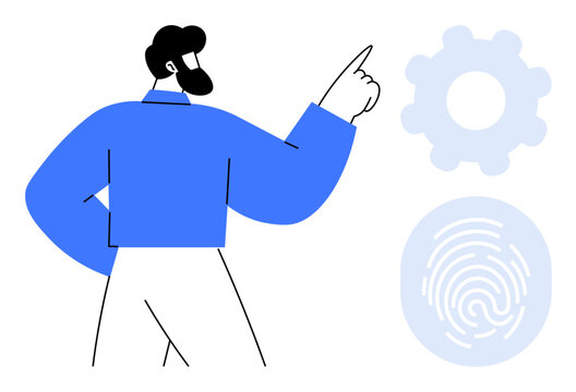 Identity verification, digital security, data access, system management, authentication, user interaction. A person pointing towards a gear and a fingerprint. Identity verification and digital