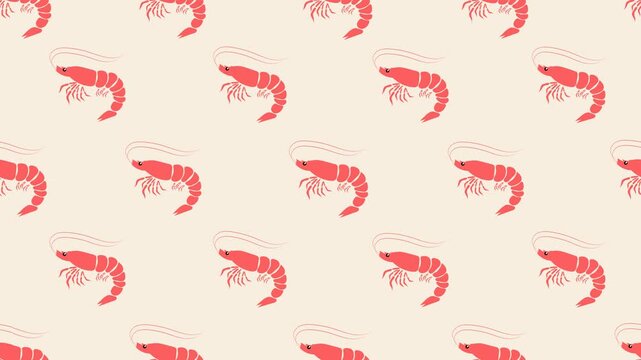 Seamless animated pattern featuring repeating shrimp illustrations in a clean minimal style. Ideal for seafood themes, culinary backgrounds, food branding visuals, packaging animation, and decorative 