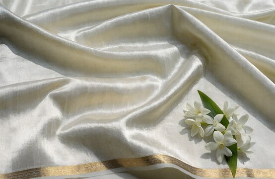 Minimalist South Indian wedding invitation background with jasmine flowers and Kasavu silk