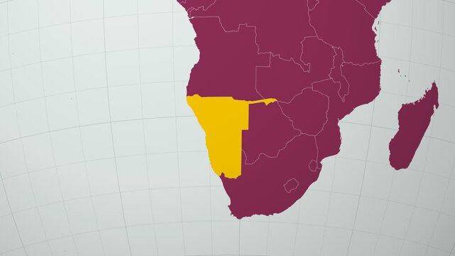 Namibia map. Animated zoom into the country on the Globe in Pale Mint Dark Pink color palette. Country logo animation with round text and airplanes. Map with meridians, parallels. Amazing video.