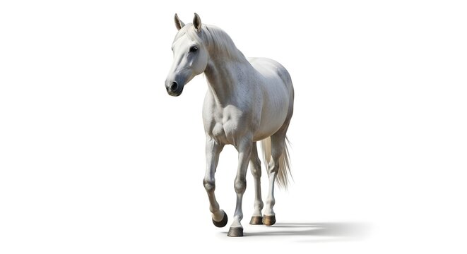 Majestic White Horse Walking Gracefully on White Background.