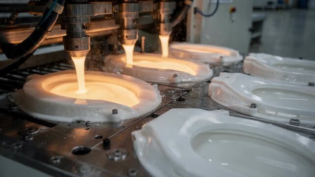 Medium shot of molten polypropylene being precisely injected into toilet seat molds on a factory floor showcasing the smooth plastic forming process.