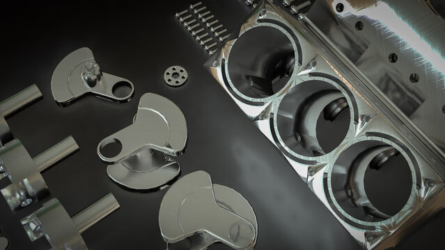 Shiny Engine Cylinder Block And Pistons Mechanical Parts 3d render.