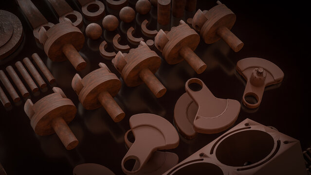 Engine Cylinder Block And Pistons Mechanical Parts 3d render.