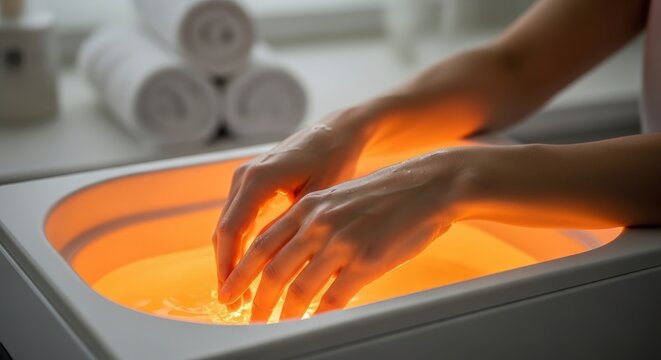 Woman relaxing with paraffin wax treatment.