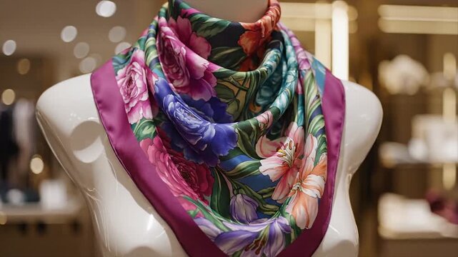 Elegant Floral Silk Scarf Displayed on Mannequin in Boutique Window.
