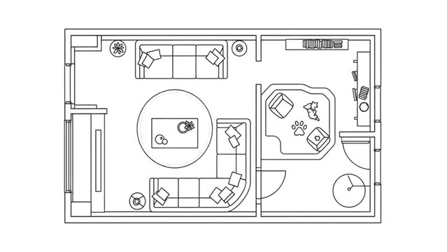 Modern Residential Living Room Floor Plan CAD Drawing with Furniture Layout, Orthographic Technical Blueprint