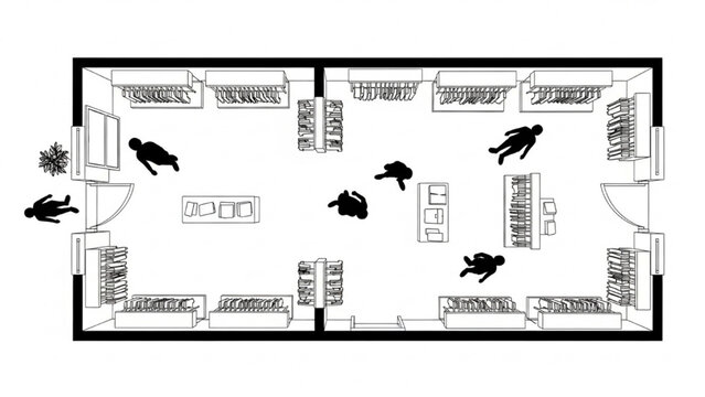 Retail Store Floor Plan Layout with Customer Flow Analysis &ndash; Commercial Interior CAD Drawing, Top View Schematic