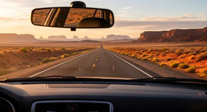 Road trip through a desert landscape at sunset, viewed from inside a car.